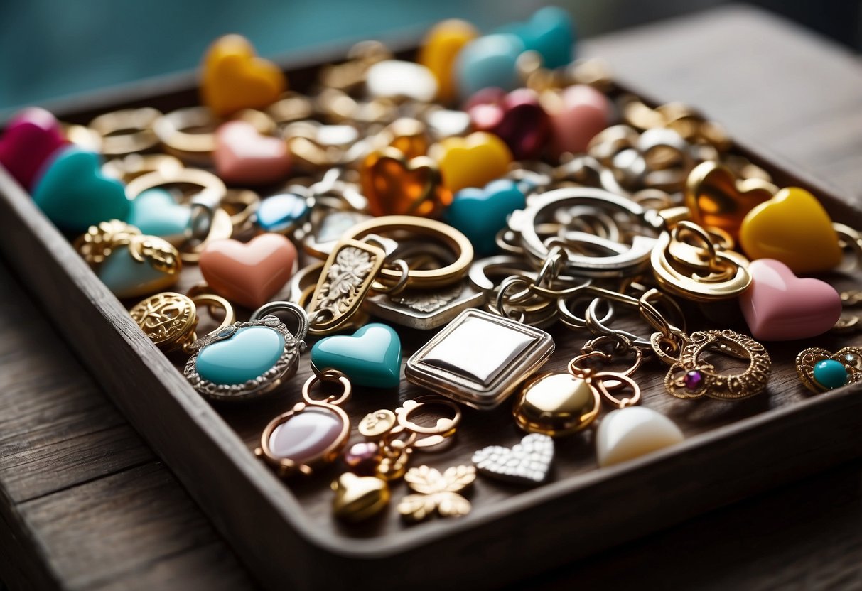 A table with assorted keychains in a decorative tray. Wedding-themed designs, initials, and hearts. Bright, cheerful colors. Elegant packaging nearby