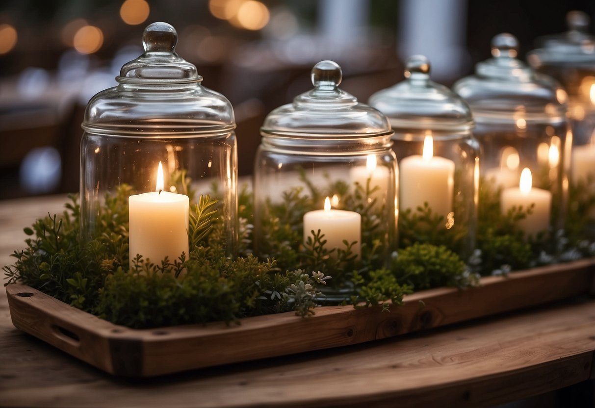 Glass cloches showcase rustic wedding centerpieces: mason jar candles, wildflower arrangements, and wooden table numbers