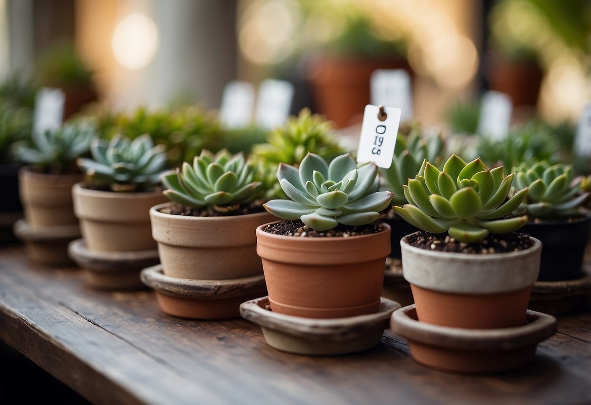 Mini succulent plants arranged in small pots, with a decorative tag, set on a table as wedding guest favors