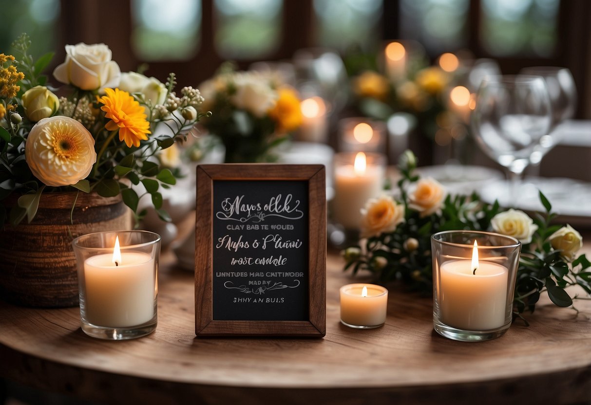 Mini chalkboard signs arranged with flowers and candles as wedding table centerpieces. Budget-friendly ideas for a rustic and elegant atmosphere