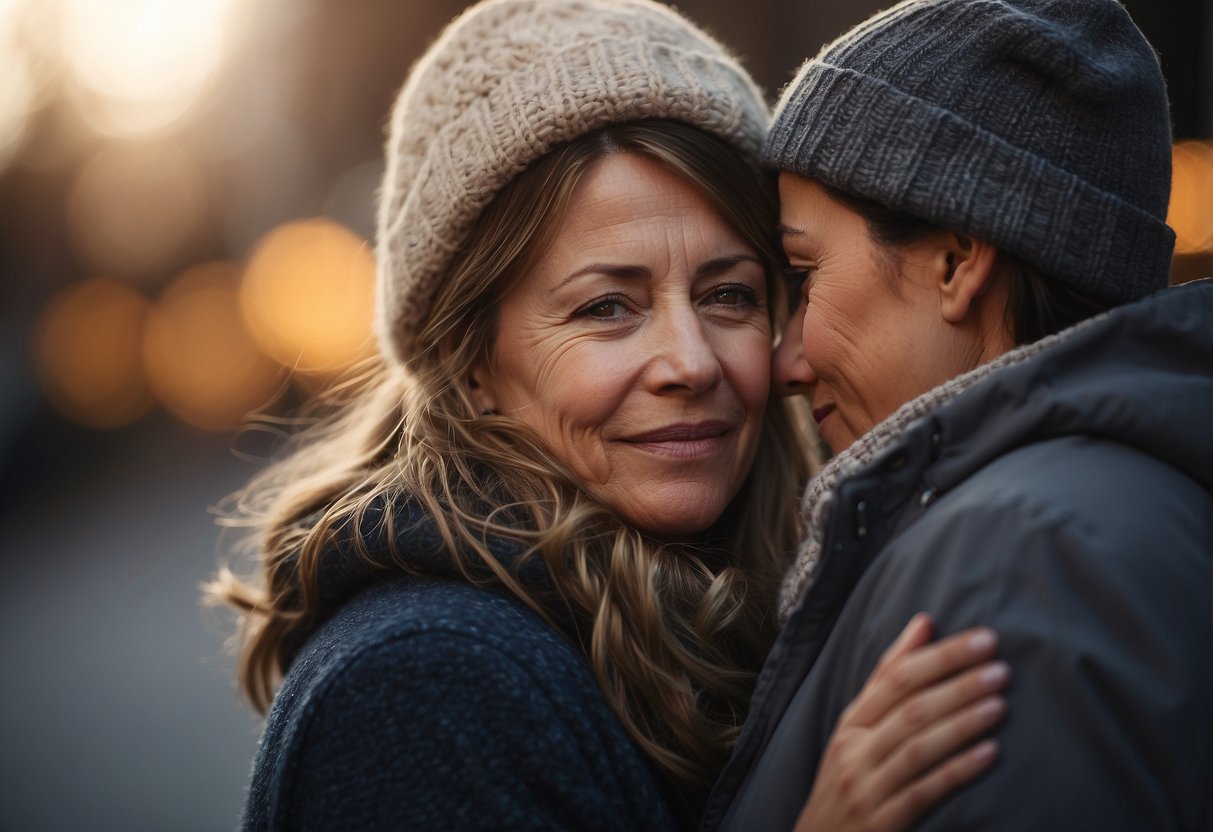 A mother's warm embrace, with tears in her eyes, as she whispers, "We'll always be here for both of you."