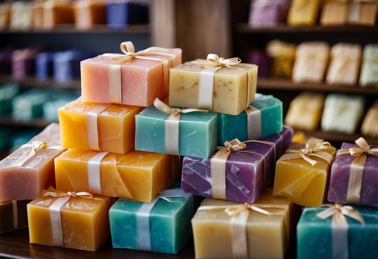 Colorful handmade soaps arranged in a decorative display, with ribbons and labels, ready to be given as small gifts to wedding guests