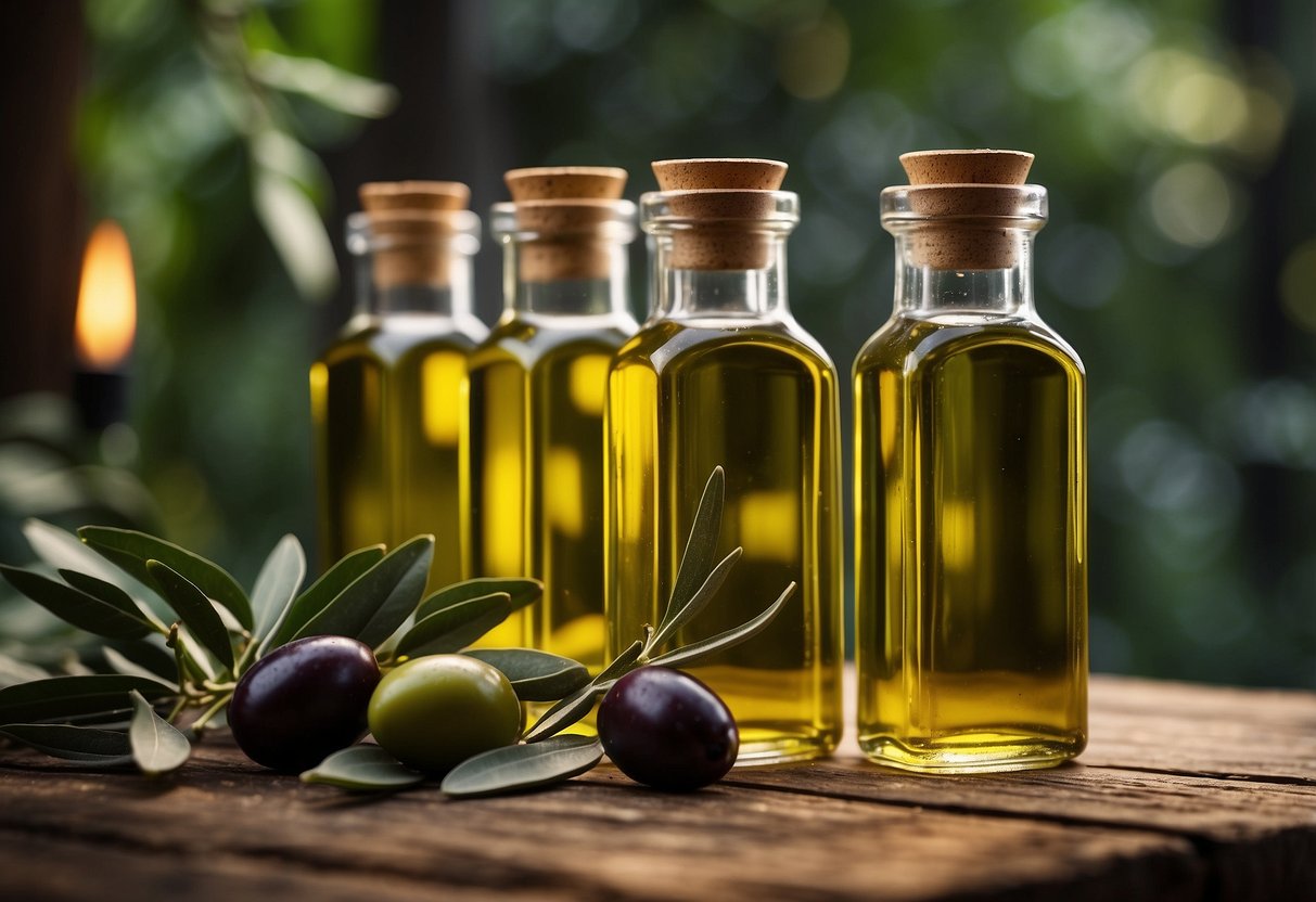 Mini bottles of olive oil arranged on a rustic wooden table with a backdrop of greenery and soft candlelight