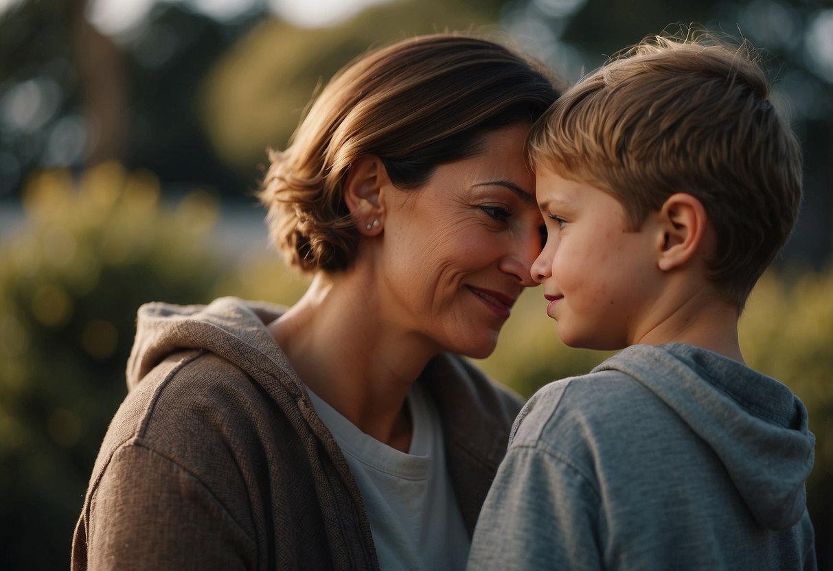 A mother's hand resting on her son's shoulder, conveying love and support as she tells him to lean on his partner in tough times for a stronger bond