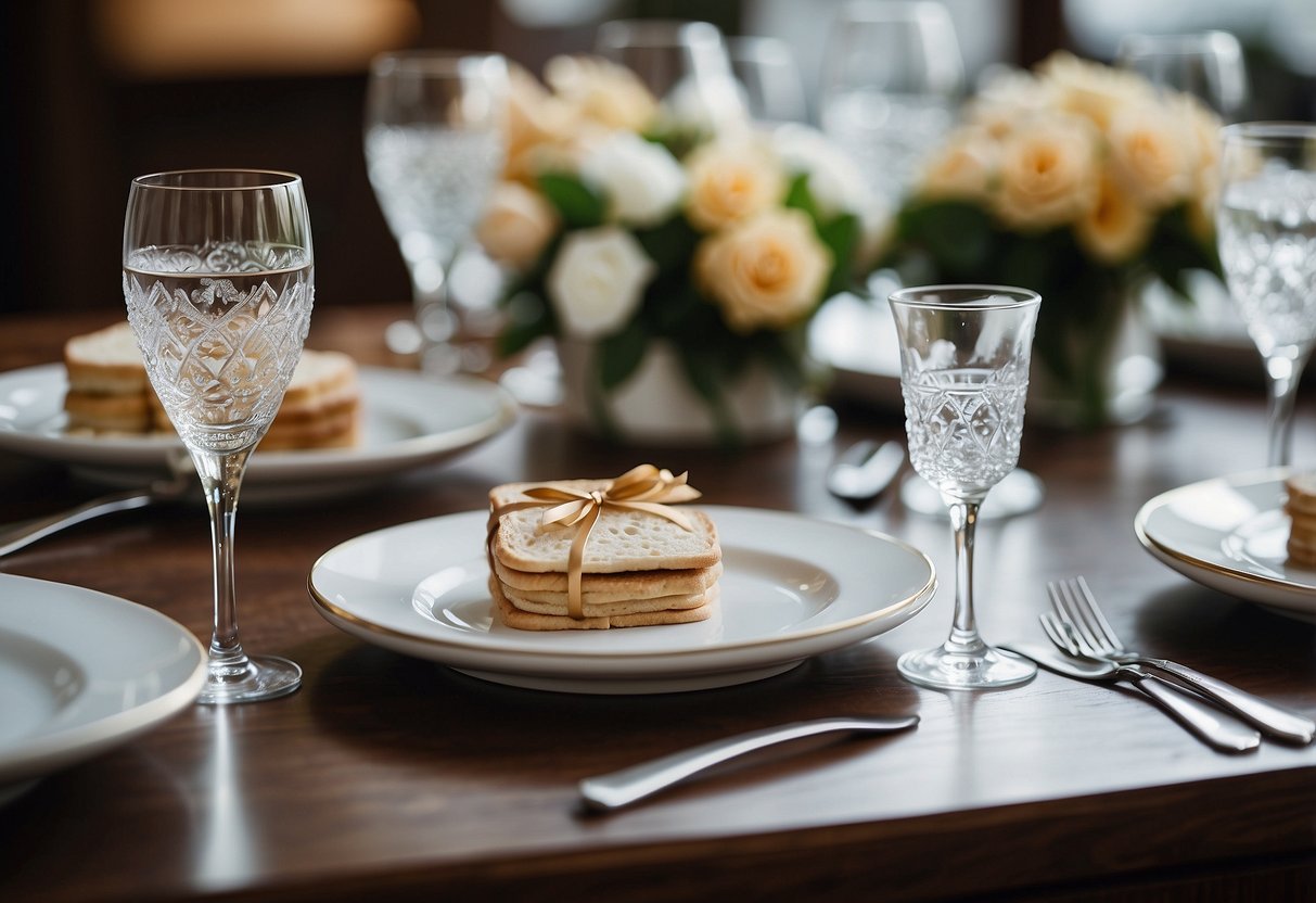 A table set with personalized coasters, surrounded by wedding favors and decorations