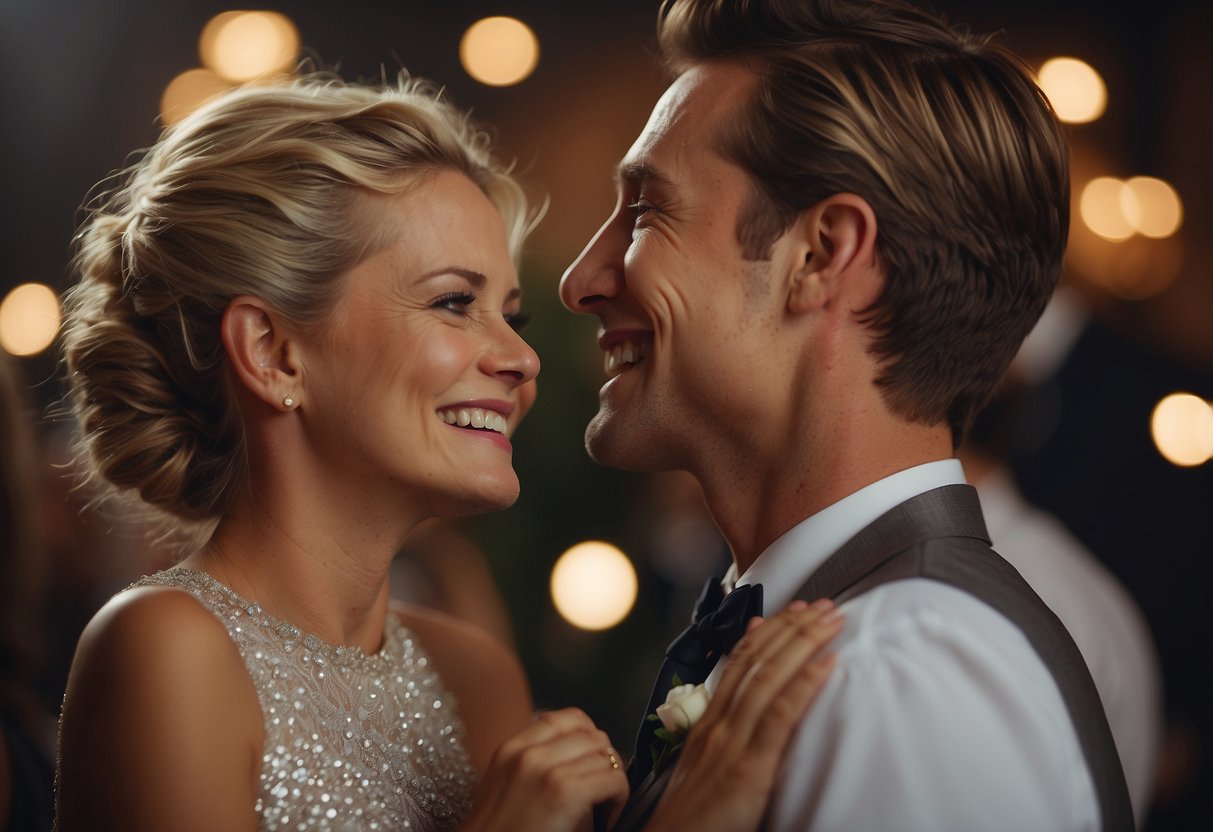 A mother embraces her son, smiling with tears in her eyes, as she whispers words of love and encouragement on his wedding day