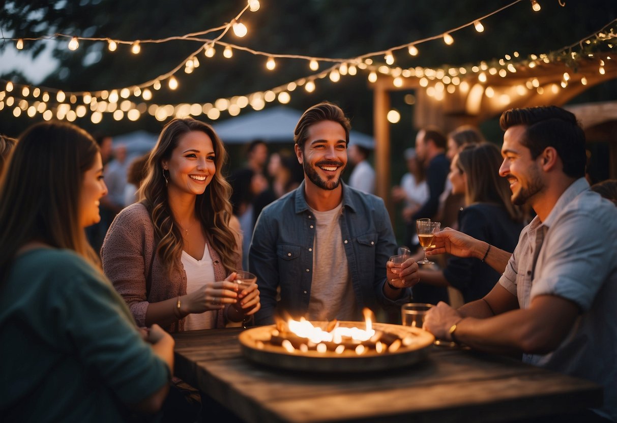 Guests mingling by a cozy outdoor bonfire, string lights overhead. A live band plays upbeat music as others enjoy a s'mores station and signature cocktails