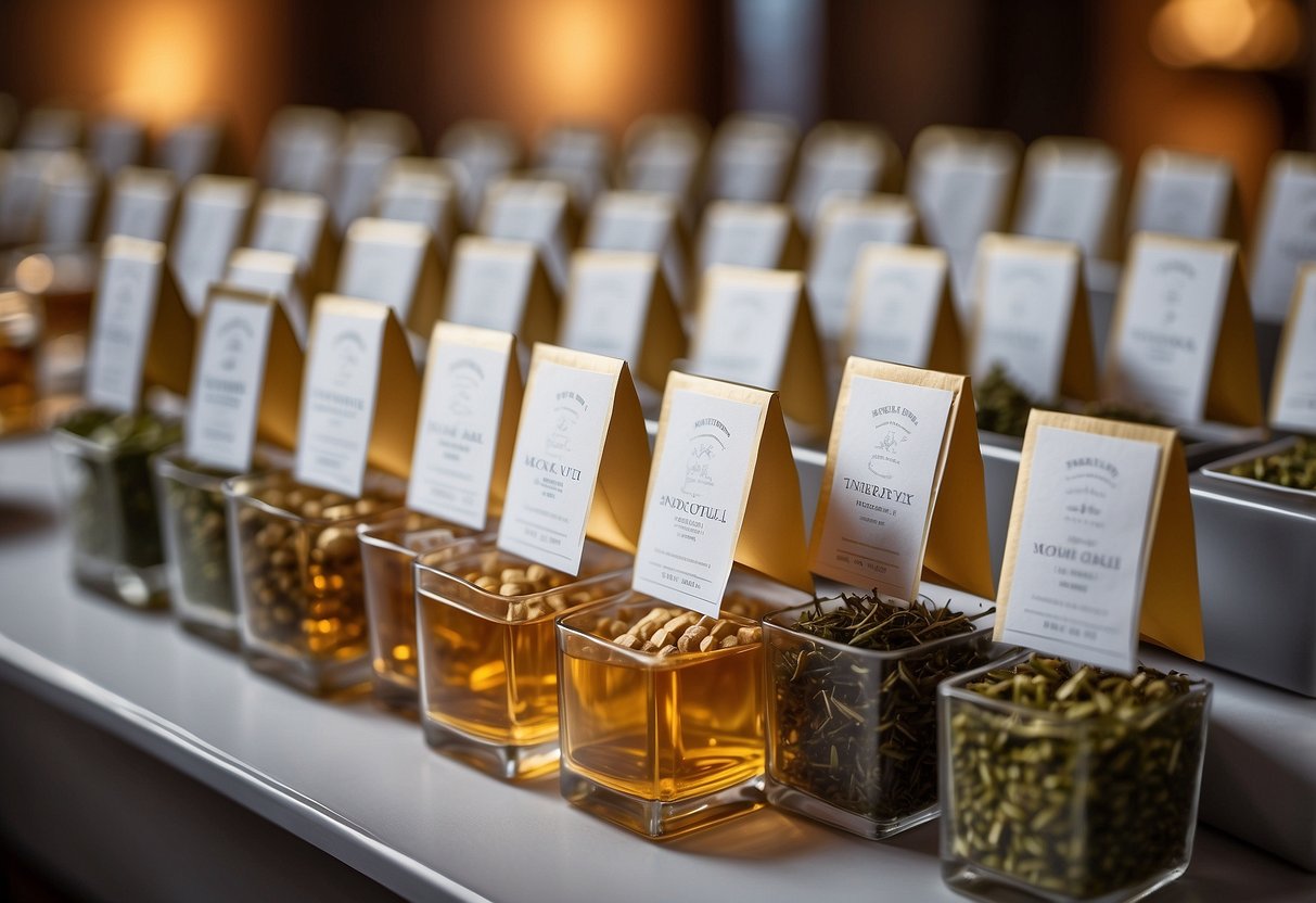 A table displays various tea sampler packages with elegant labels for wedding guests