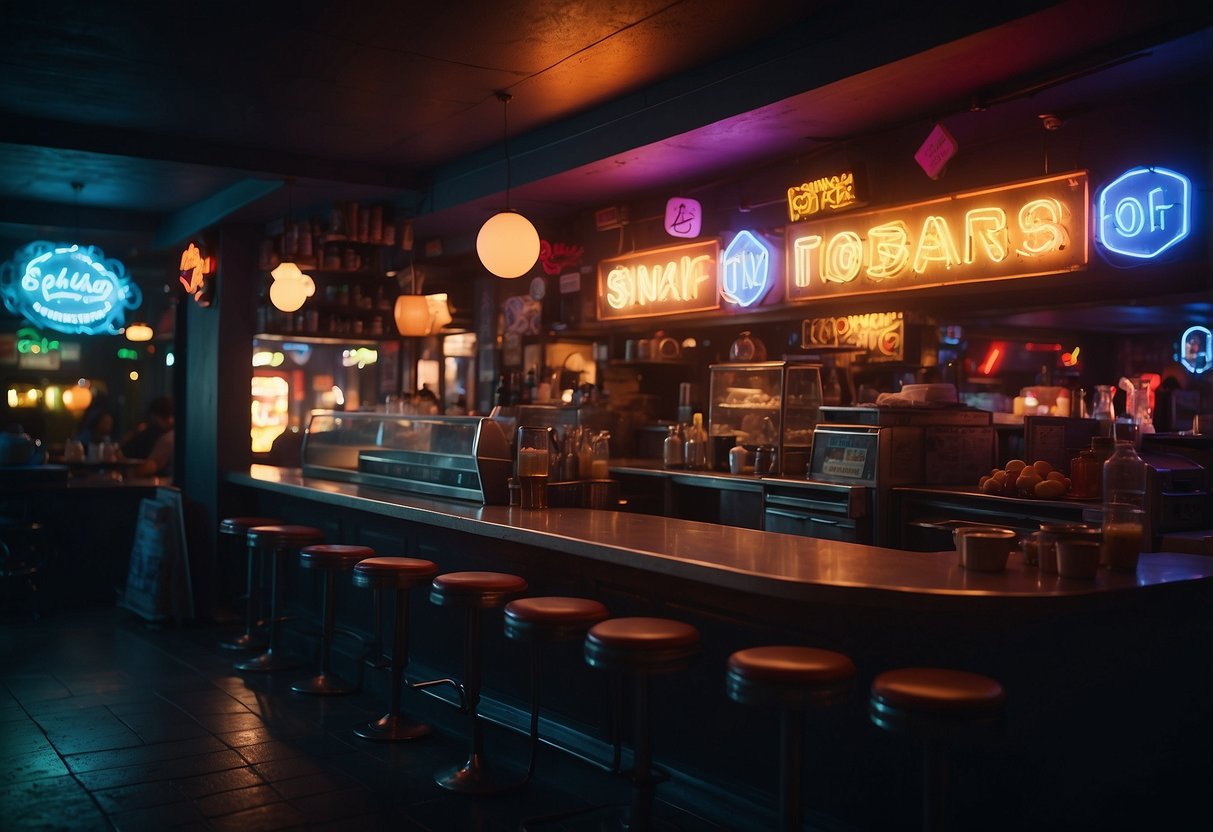 A dimly lit snack bar with colorful neon signs, a variety of late-night food options, and a lively atmosphere with guests mingling and enjoying the after-party