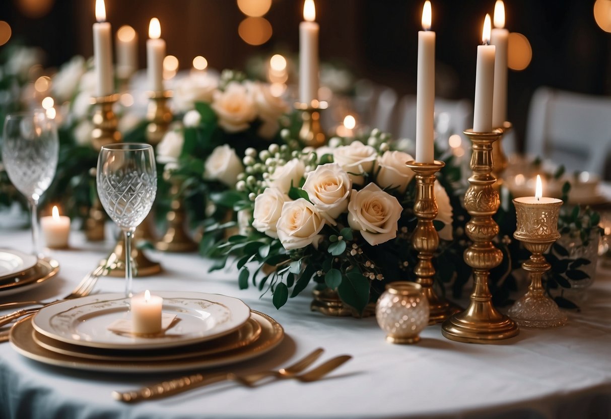 A table adorned with delicate trinkets and small tokens of appreciation for wedding guests, surrounded by festive decorations and elegant place settings