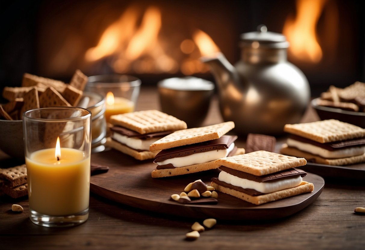 A table with a variety of s'mores ingredients, surrounded by cozy seating and warm lighting