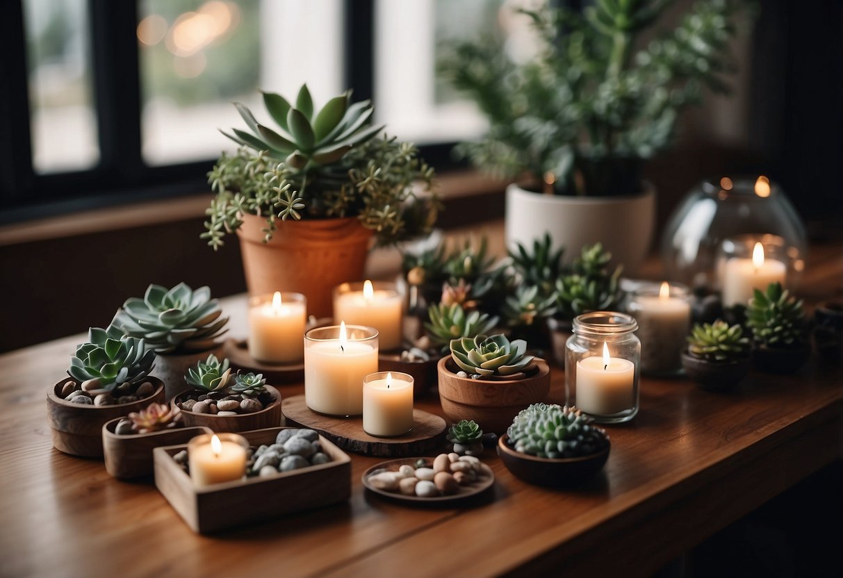 A table with various small gift options, such as candles, keychains, and mini succulents, displayed in an elegant and organized manner