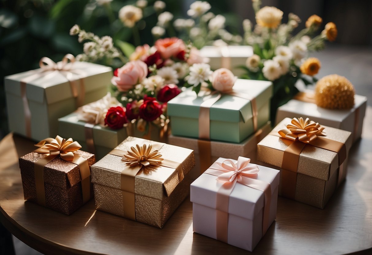 A table with neatly arranged gift boxes, tied with ribbons and adorned with personalized tags, surrounded by delicate floral arrangements