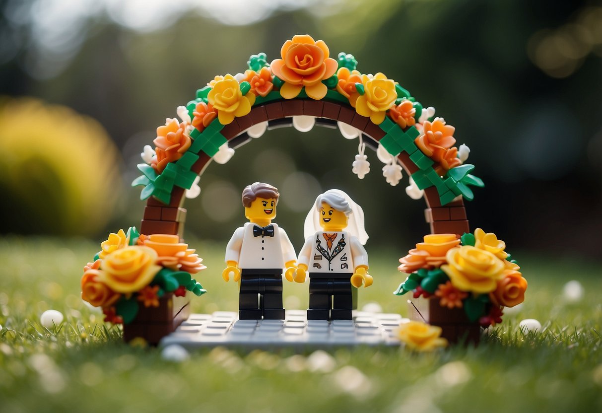 A colorful lego wedding arch stands in a garden, with tiny lego figures dressed in wedding attire. A lego cake and bouquet add to the festive scene