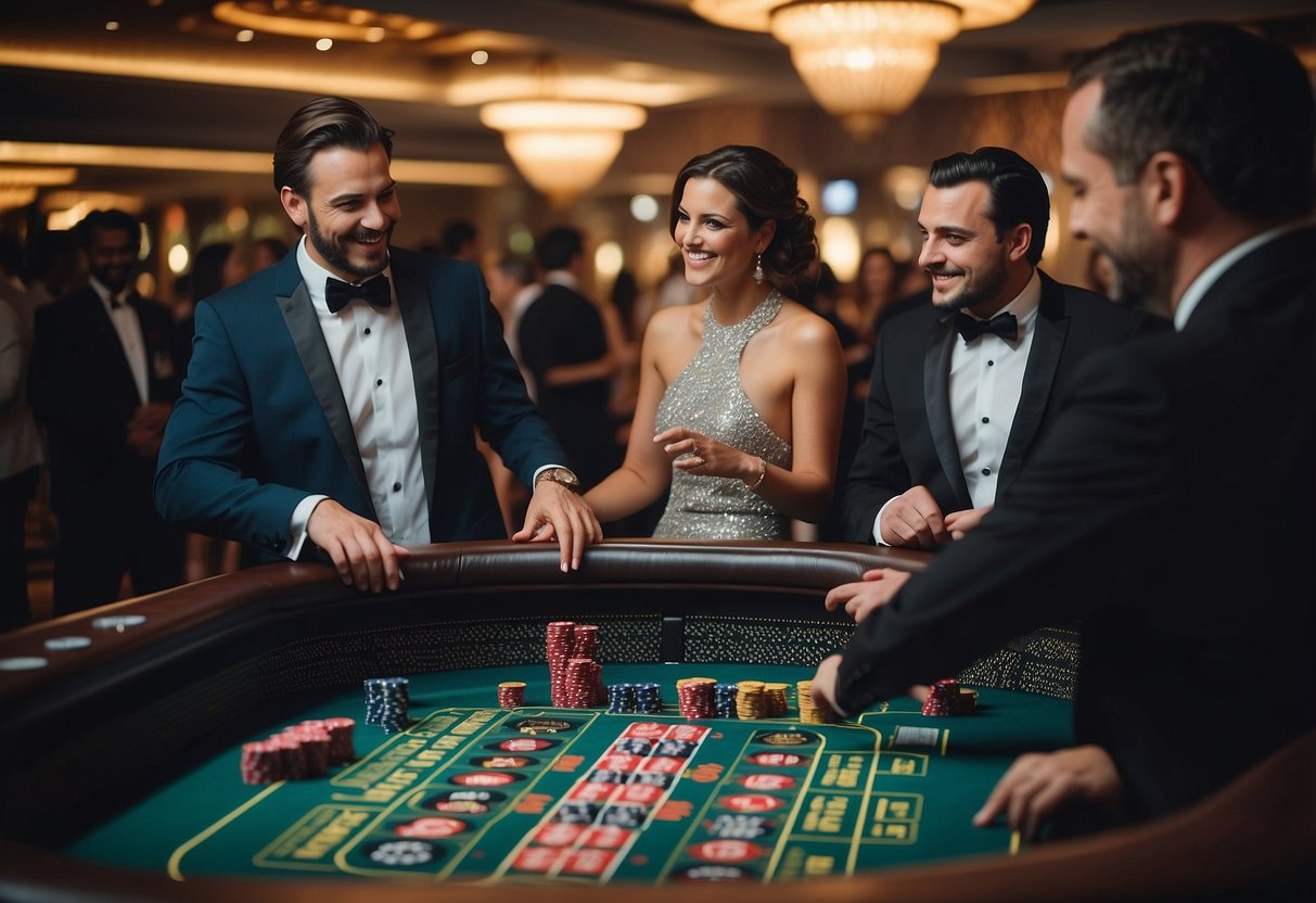 Guests playing roulette, blackjack, and poker at a lively wedding after-party in a glamorous casino setting