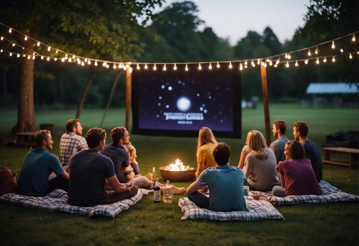 A group of people gather around a large outdoor screen, illuminated by string lights. Picnic blankets and cushions are scattered on the ground as they watch a movie under the stars