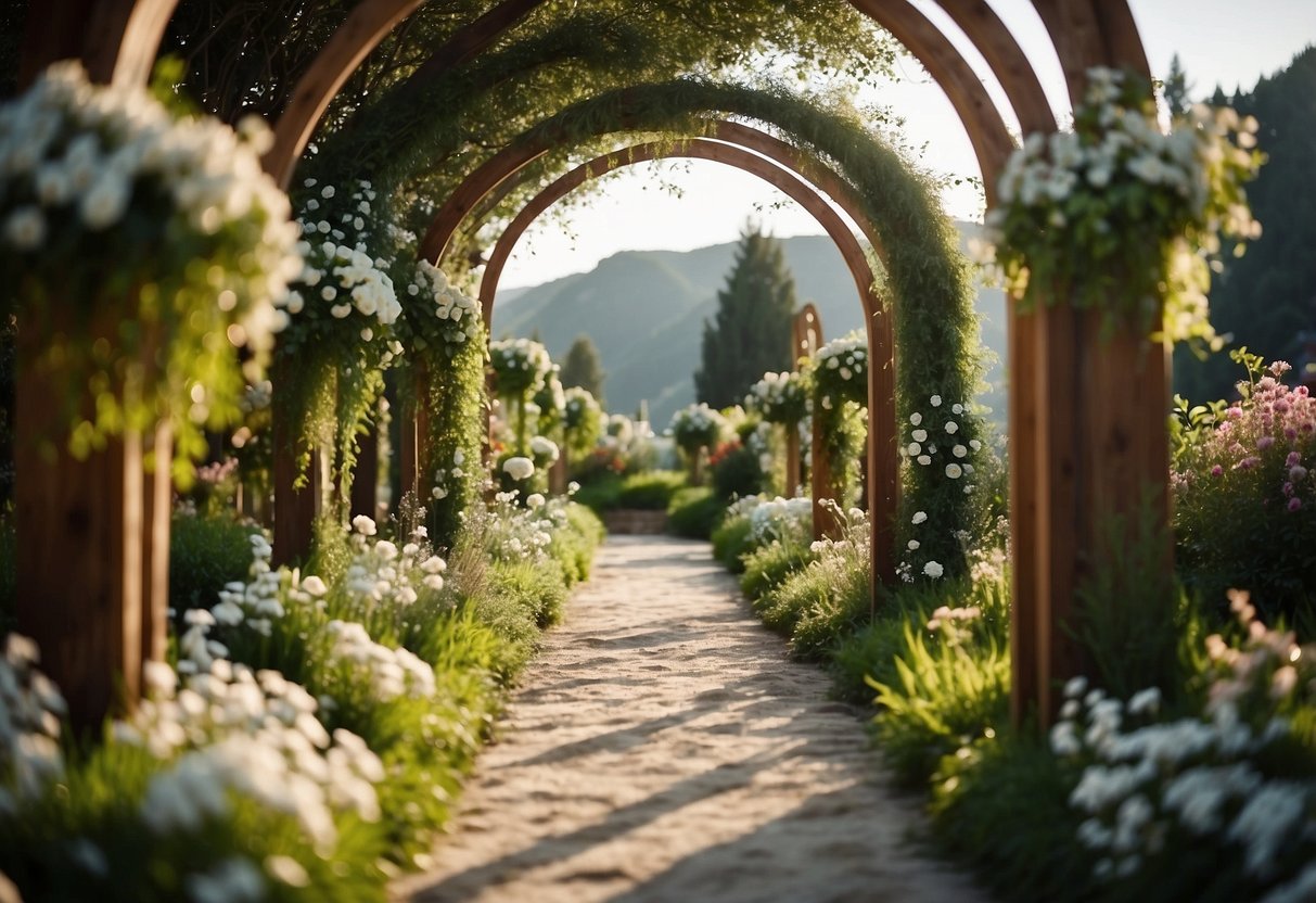 A flower-lined aisle stretches through a lush garden, leading to a rustic arch adorned with flowing fabric and twinkling lights