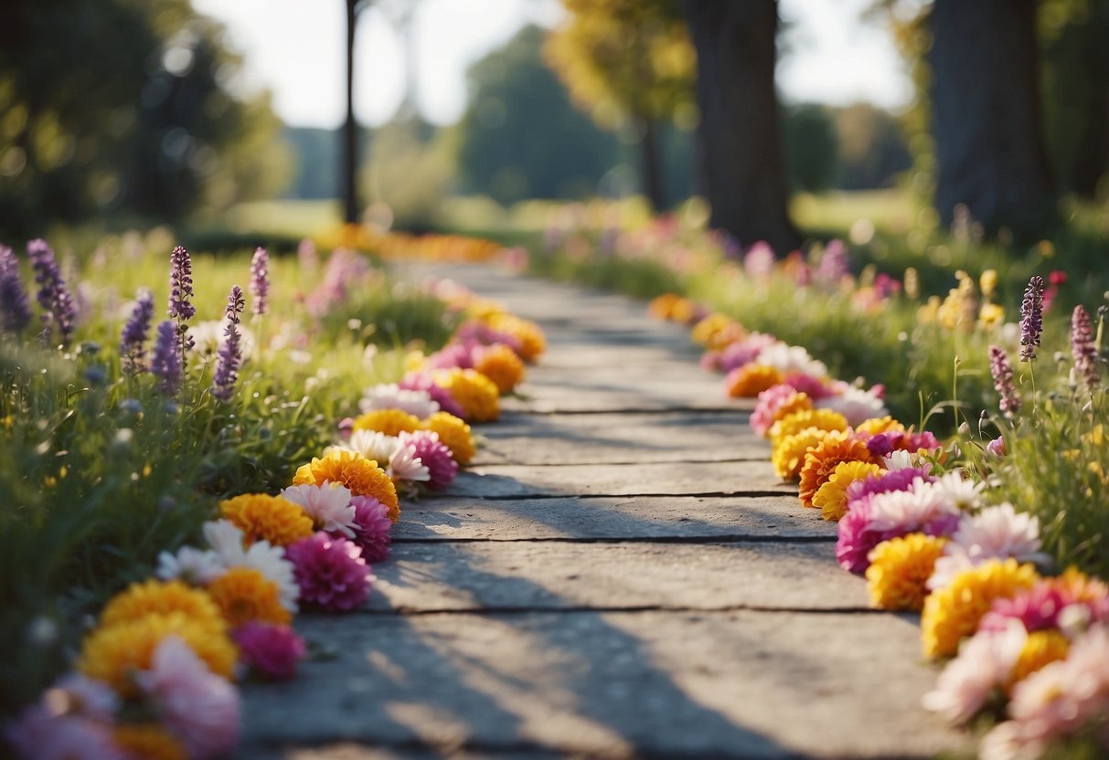 A path of colorful floral petals lines the outdoor wedding aisle