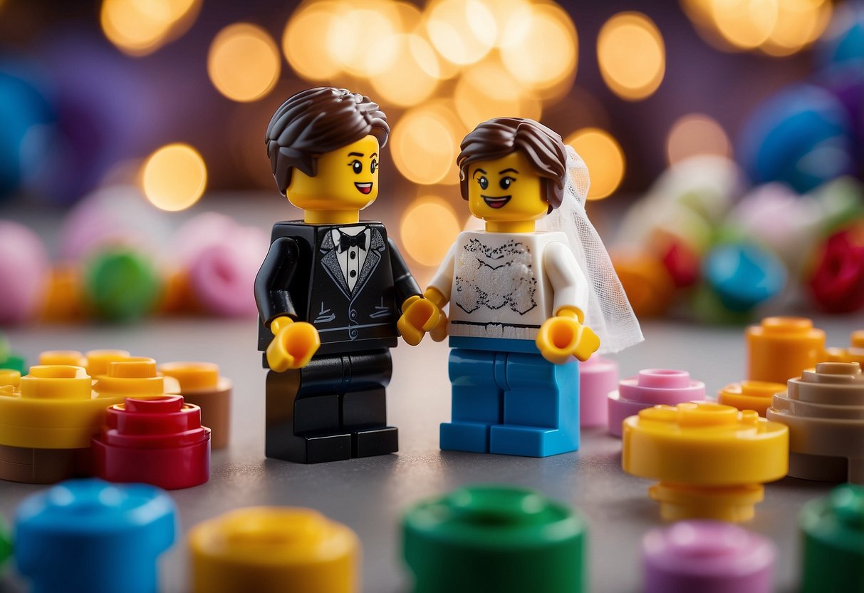 A LEGO bride and groom minifigures stand facing each other, holding hands, surrounded by colorful wedding decorations and a miniature wedding cake