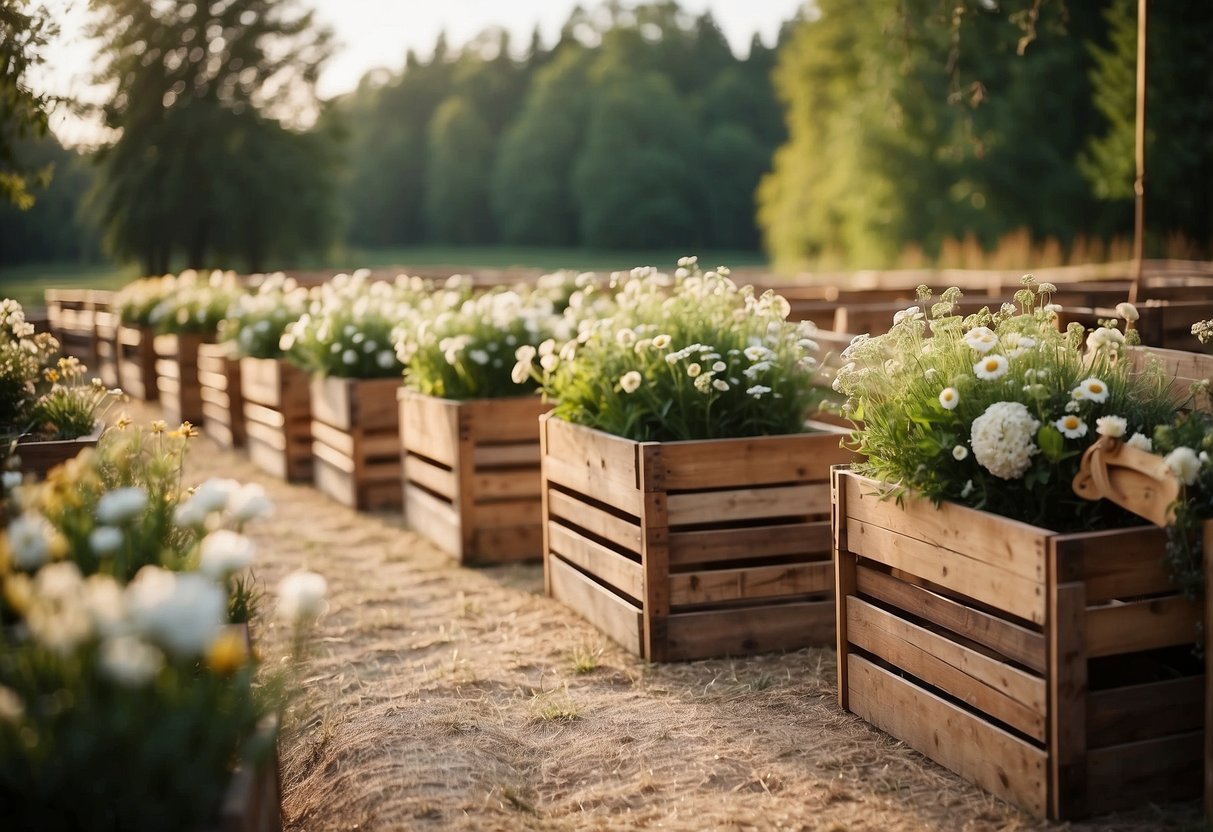 Wooden crates arranged in a rustic outdoor wedding aisle, lined with wildflowers and soft candlelight