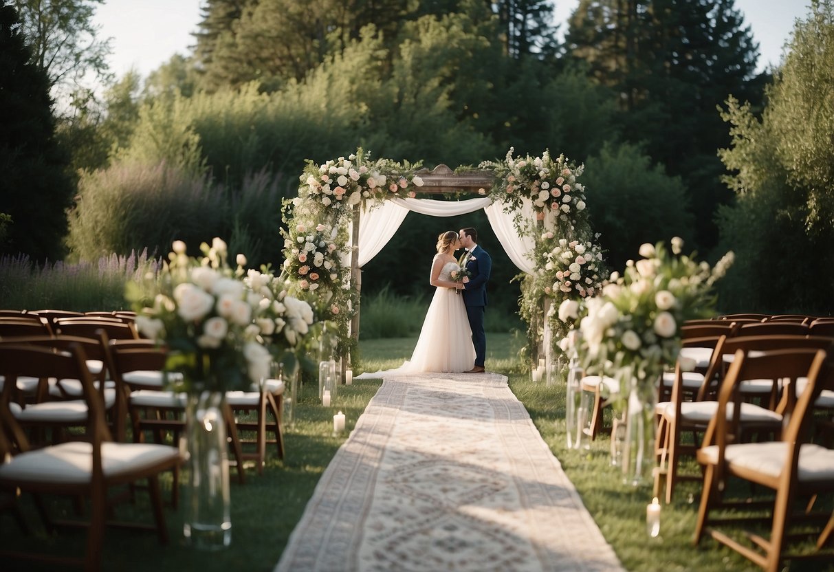 An outdoor wedding aisle lined with vintage rugs, leading to a rustic altar adorned with wildflowers and greenery