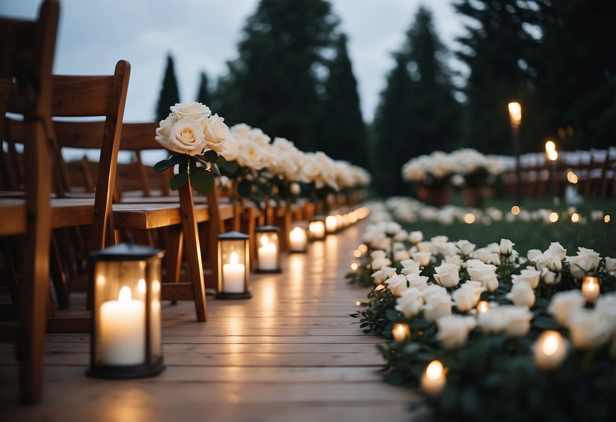 A white rose-lined outdoor wedding aisle with rustic wooden chairs and soft candlelight