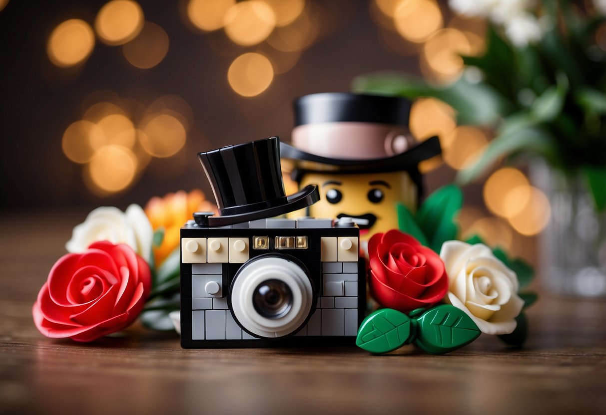 A LEGO photo booth with props for a wedding. Includes a LEGO camera, top hat, bow tie, and bouquet