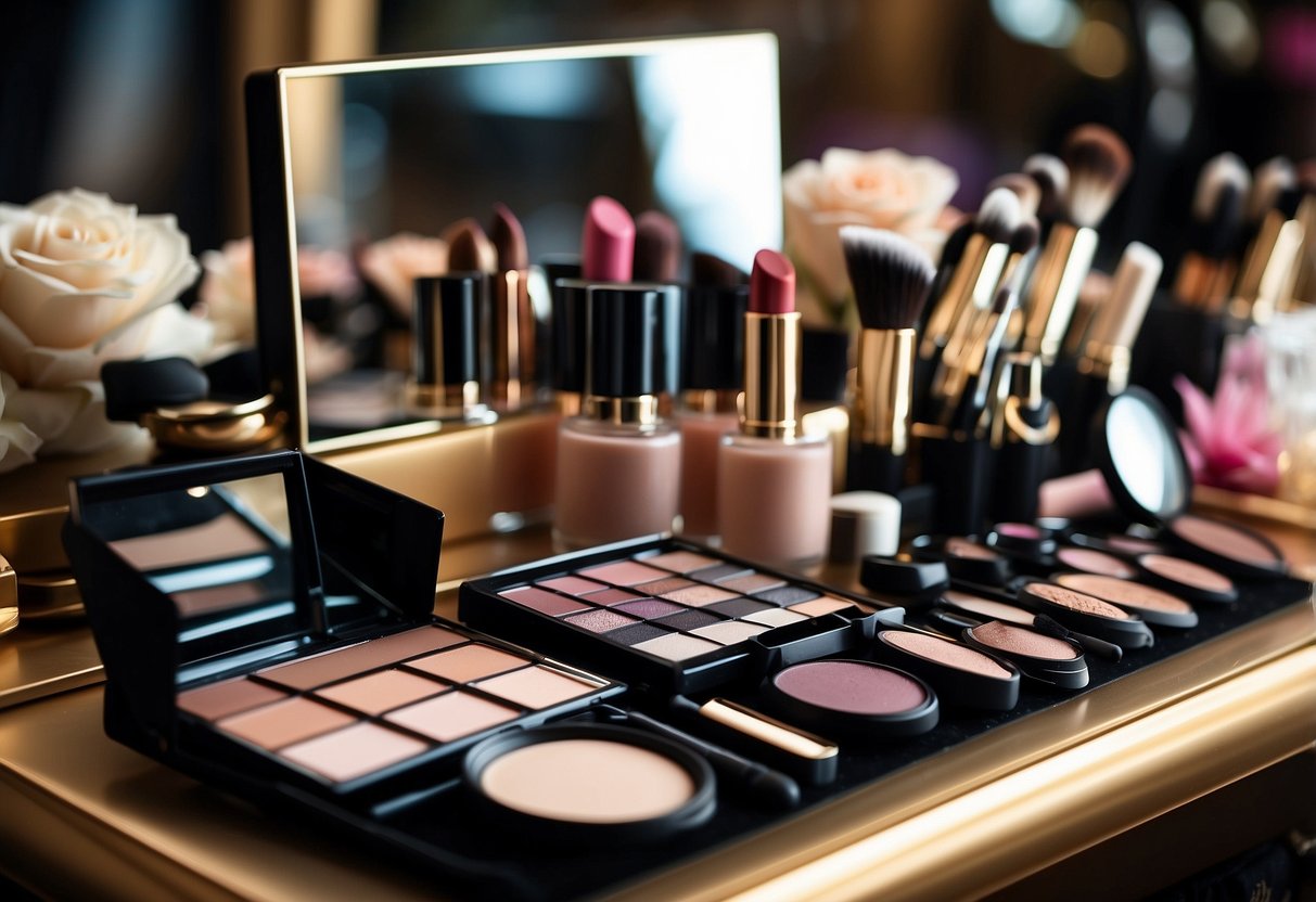 A table with various makeup products and brushes arranged neatly for wedding guests