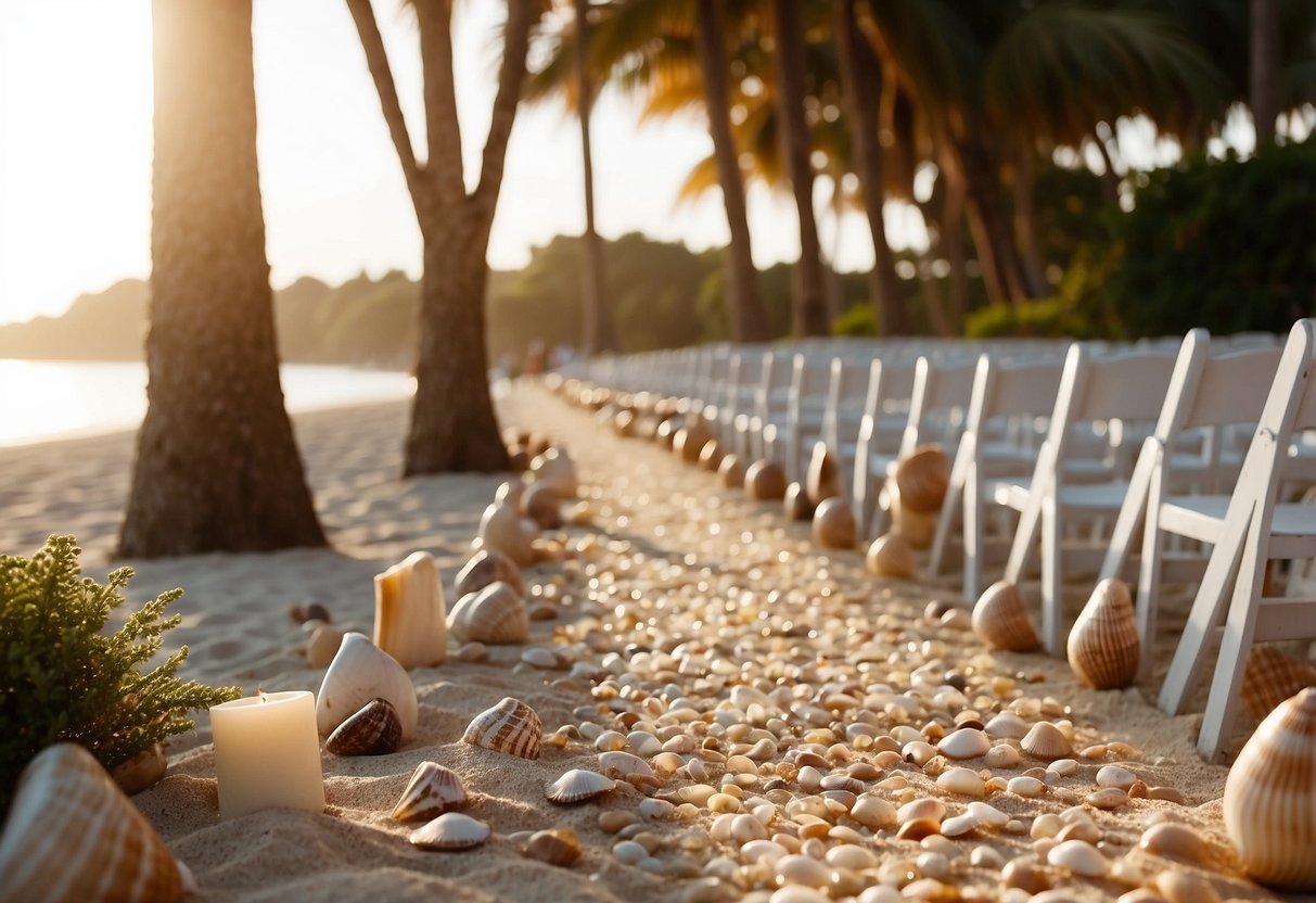 A sandy path lined with seashells leads to an outdoor wedding altar, with scattered seashells along the edges