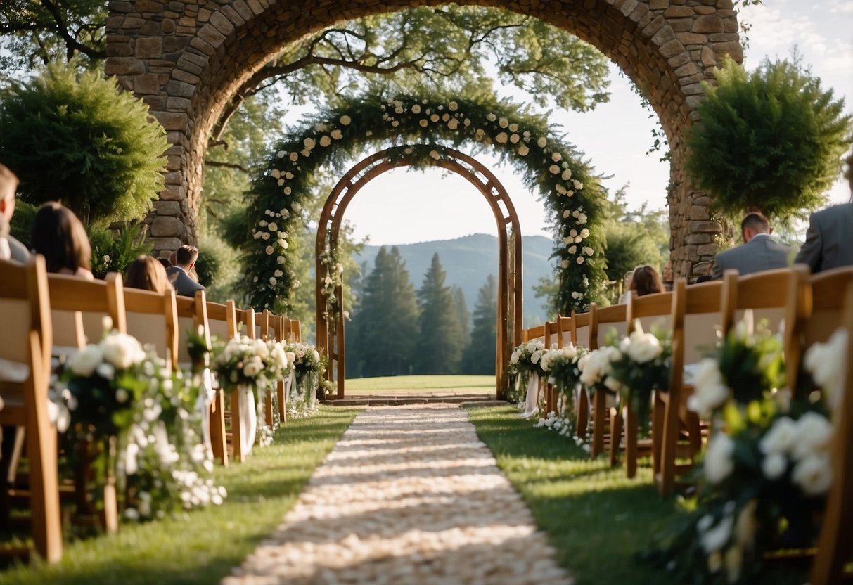 A rustic outdoor wedding aisle lined with pine cones, leading to a natural archway adorned with greenery and flowers