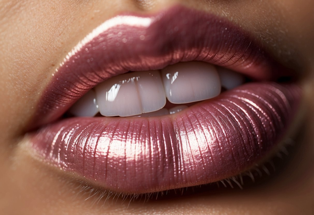 A close-up of pink eyeshadow and glossy lips, perfect for wedding guests