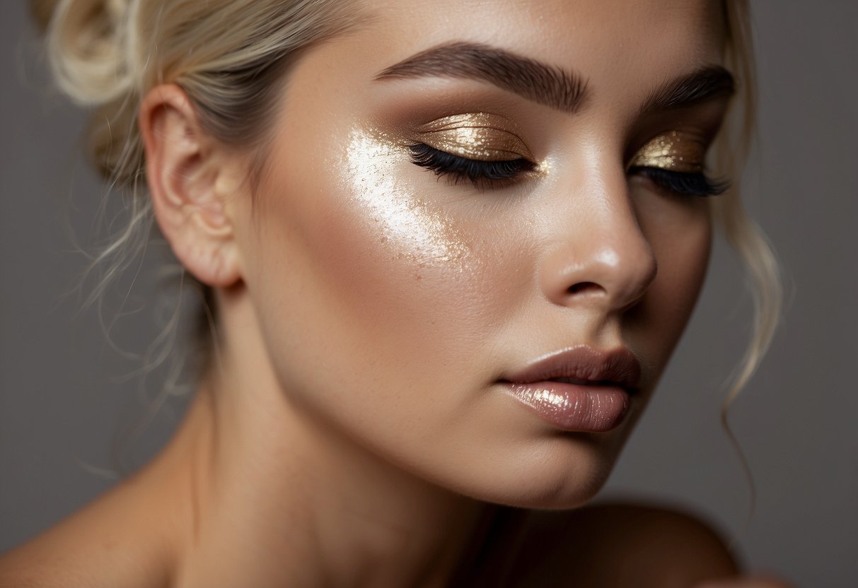 Champagne shimmer eyeshadow applied to eyelids, creating an elegant and sophisticated makeup look for wedding guests