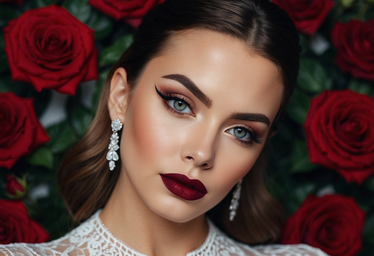 A vintage-inspired cat eye and matte lip makeup look for wedding guests, with bold eyeliner and deep red lips, against a romantic background of lace and roses