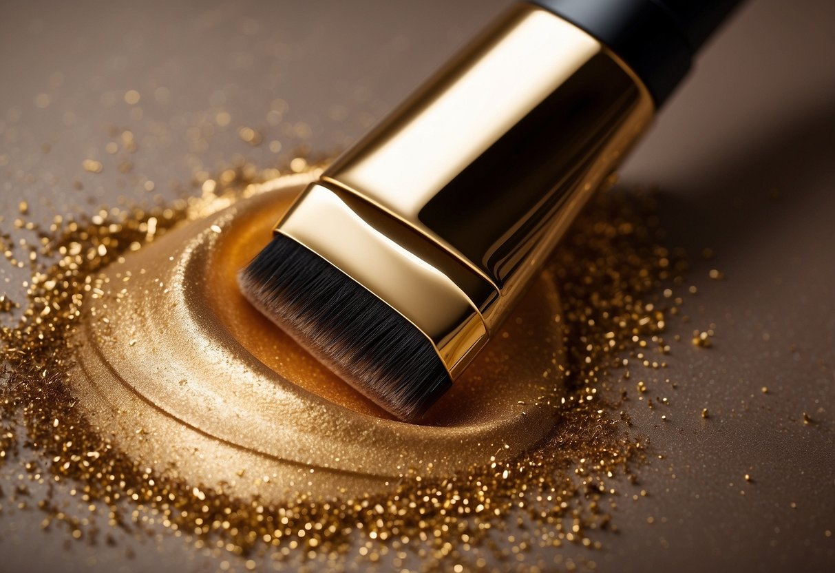 A soft brush applies gold highlighter to create a radiant glow on the skin, perfect for wedding guests