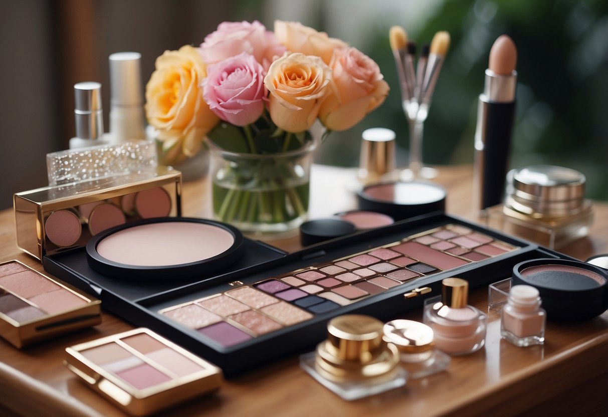 A table with pastel-colored makeup palettes, brushes, and fresh flowers. A soft, dewy glow emanates from the makeup, perfect for wedding guests