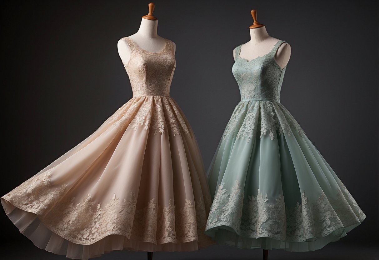 Two elegant dresses in the same color hang side by side, one with delicate lace and the other with a flowing skirt