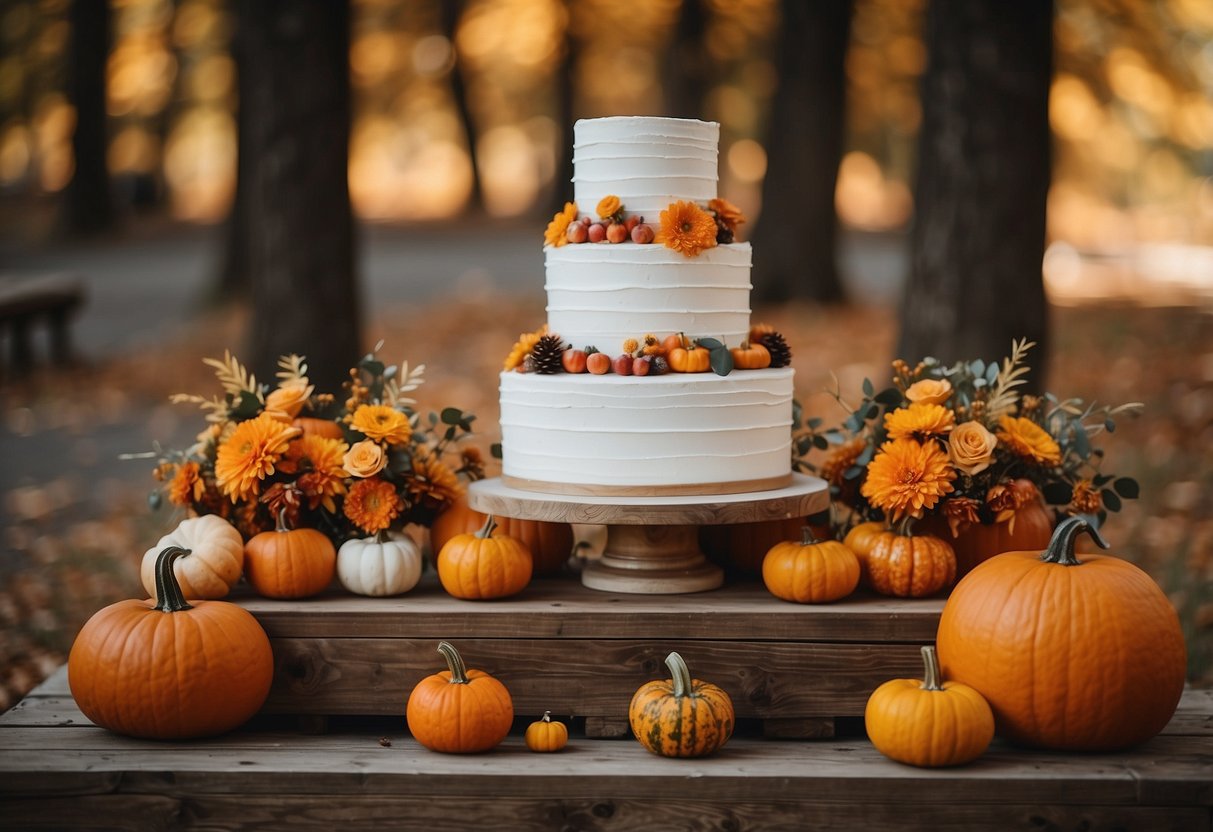 A rustic wooden table adorned with a three-tiered wedding cake decorated with fall foliage, pumpkins, and warm-hued flowers