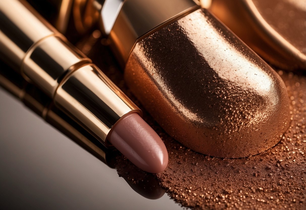 Glistening bronze eyeshadow and soft warm lipstick, perfect for wedding guests