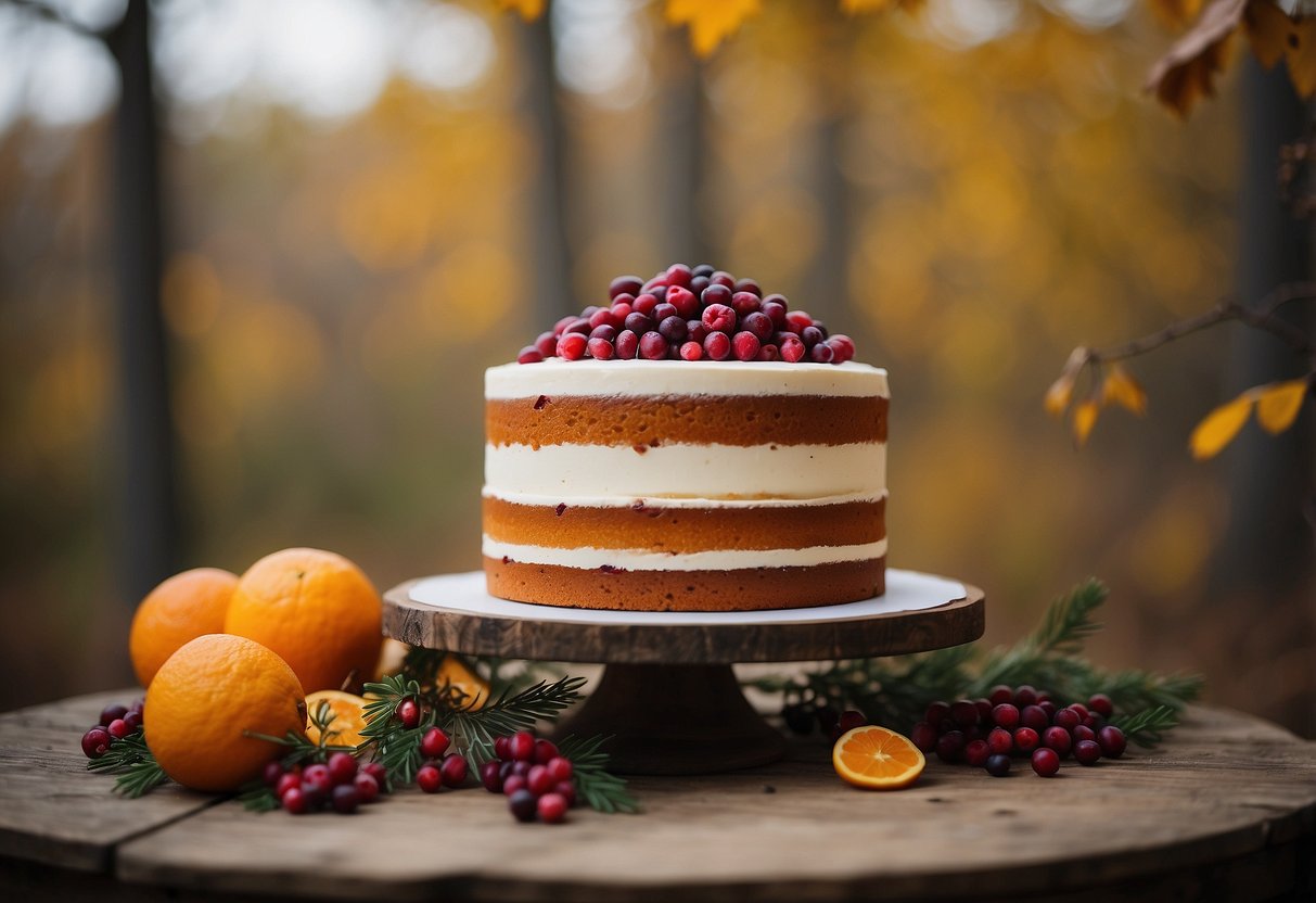 A tiered cake adorned with cranberries and oranges, surrounded by fall foliage and rustic decor