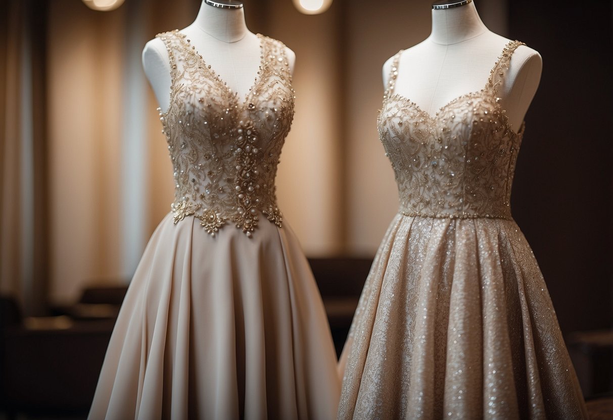 Two elegant dresses in matching neutral tones hang side by side