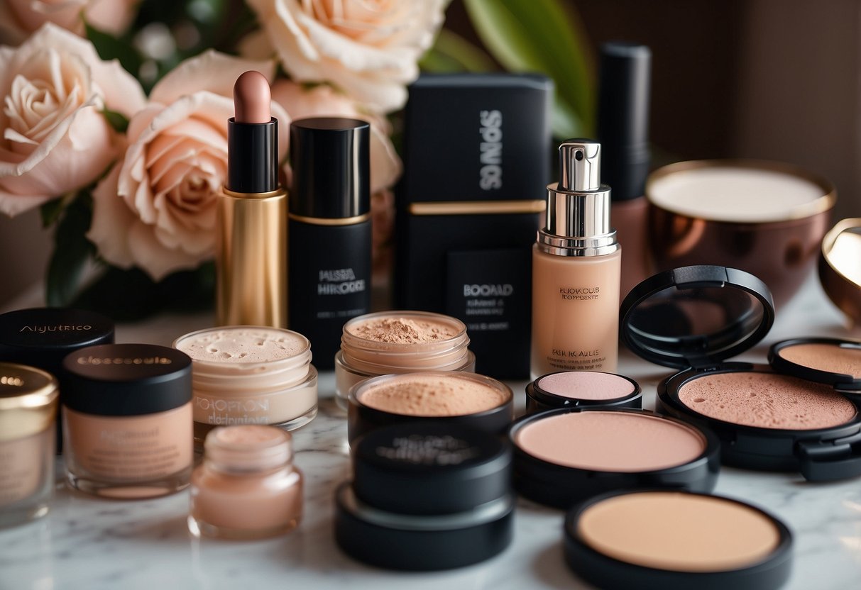 Various makeup products arranged by skin tone, with wedding guest attire in the background