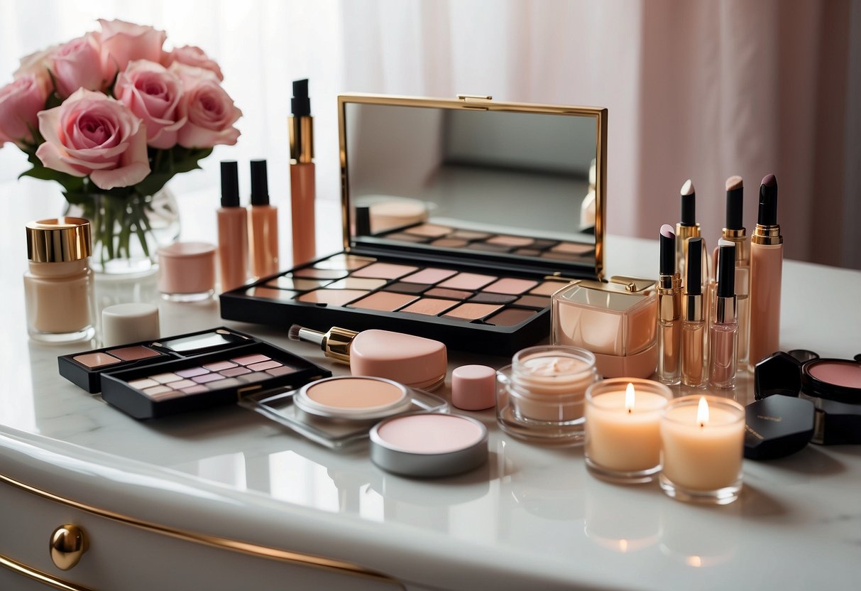 A table set with various makeup products in soft, romantic colors. A mirror reflects the arrangement, with a bouquet of flowers nearby