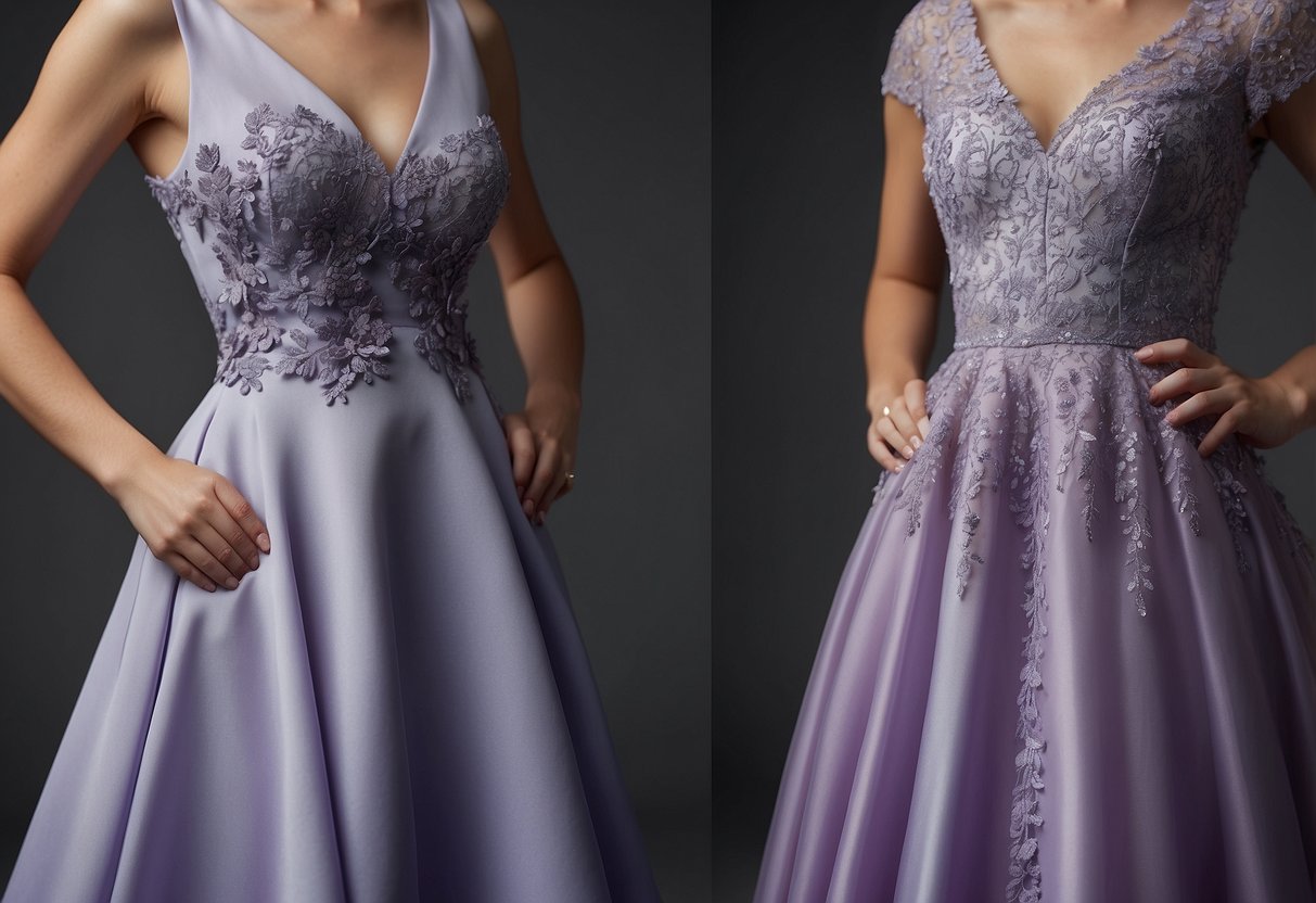 Two elegant lavender dresses side by side, one slightly darker than the other