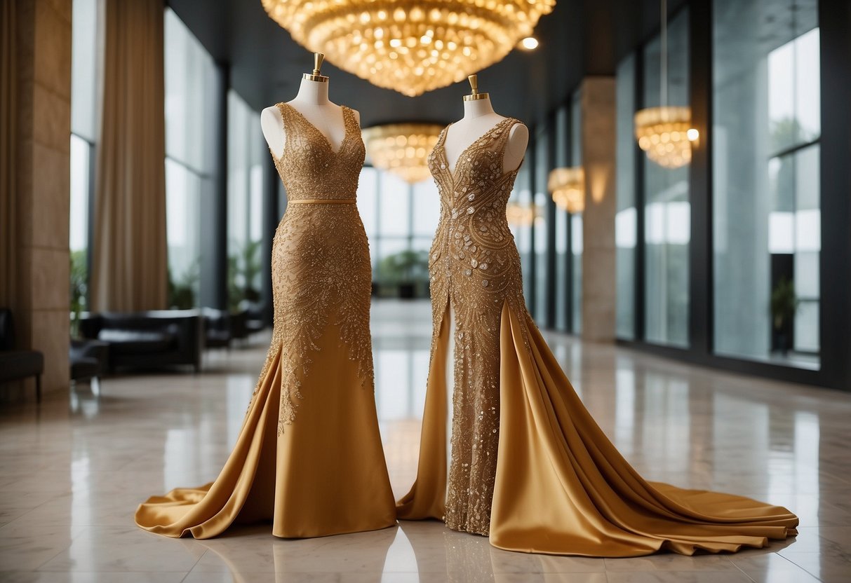 Two elegant dresses in matching colors with gold accents