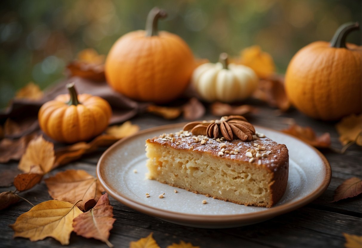 A rustic wooden table adorned with a spiced pear cake surrounded by autumn leaves and decorative pumpkins