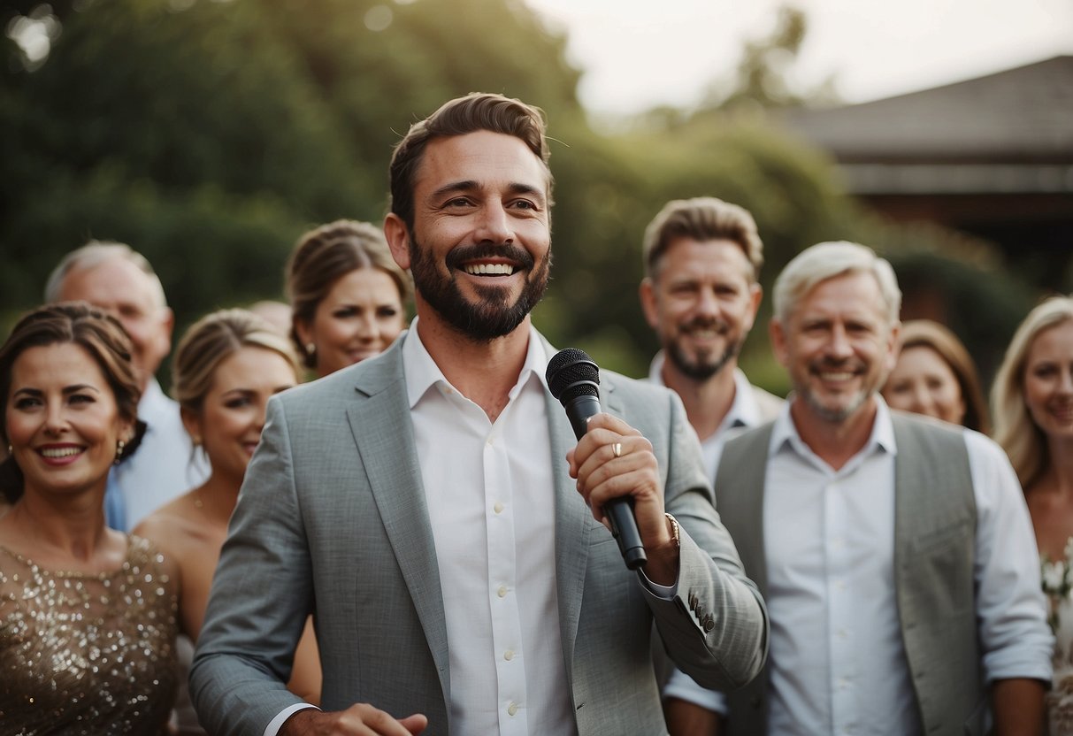 A brother stands at a microphone, surrounded by wedding guests. He gestures with enthusiasm, sharing heartfelt and humorous anecdotes about the bride and groom