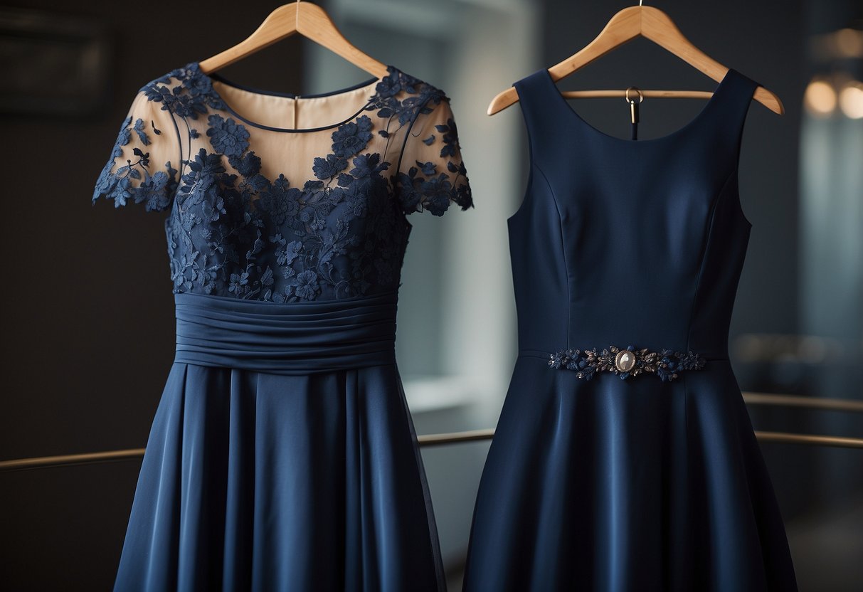 Two elegant dresses in timeless navy, one for the mother of the bride and one for the mother of the groom, hang side by side