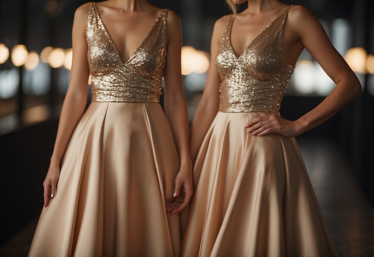 Two elegant women in matching champagne-colored dresses stand side by side, radiating grace and sophistication