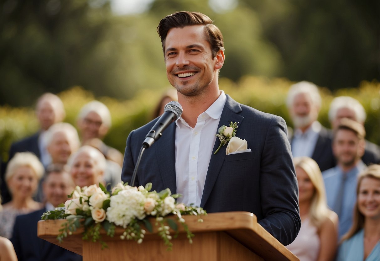 A man stands at a wedding podium, smiling as he speaks. A loving and heartfelt speech honoring his brother and new spouse