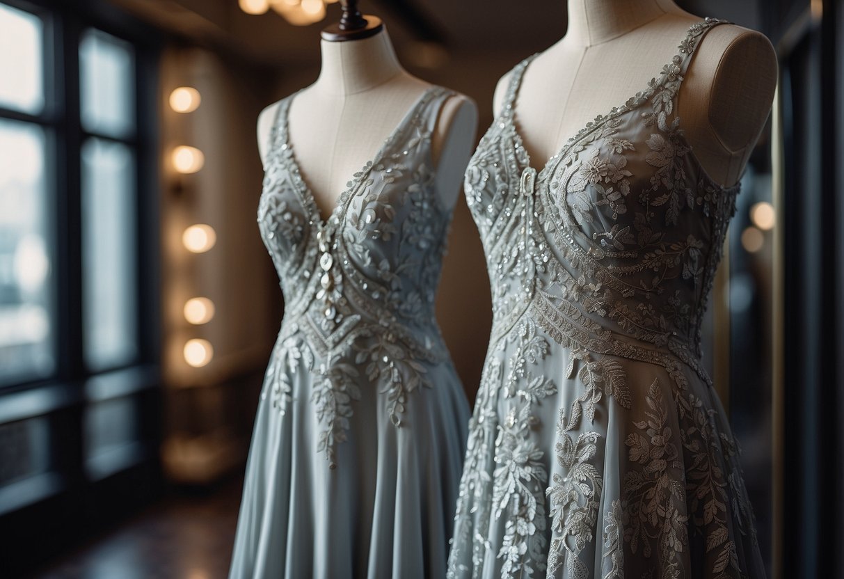 Two elegant dresses in matching silver color, one with intricate lace detailing, the other with flowing chiffon, hanging side by side in a luxurious boutique